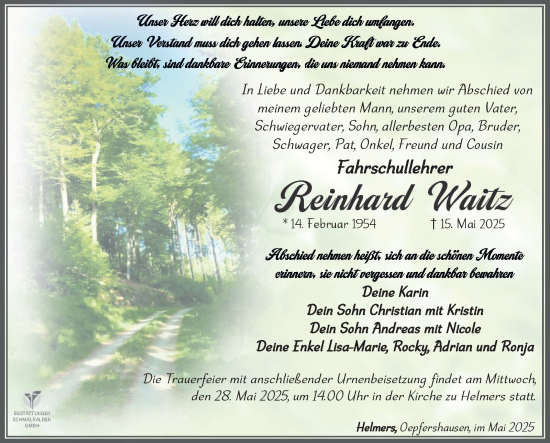 Traueranzeige von Reinhard Walz von Südthüringer Presse