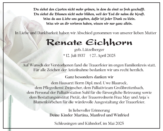 Traueranzeige von Renate Eichhorn von Südthüringer Presse