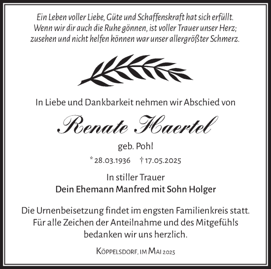 Traueranzeige von Renate Haertel von Südthüringer Presse