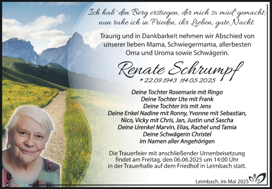 Traueranzeige von Renate Schrumpf von Südthüringer Presse