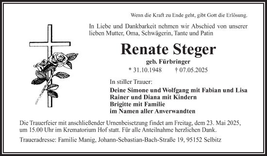 Traueranzeige von Renate Steger von Frankenpost