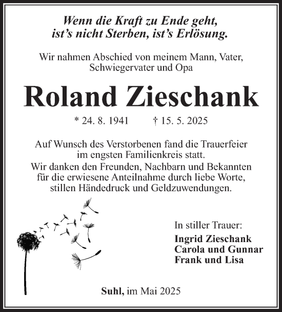 Traueranzeige von Roland Zieschank von Südthüringer Presse