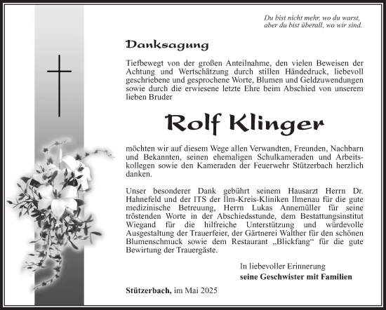 Traueranzeige von Rolf Klinger von Südthüringer Presse