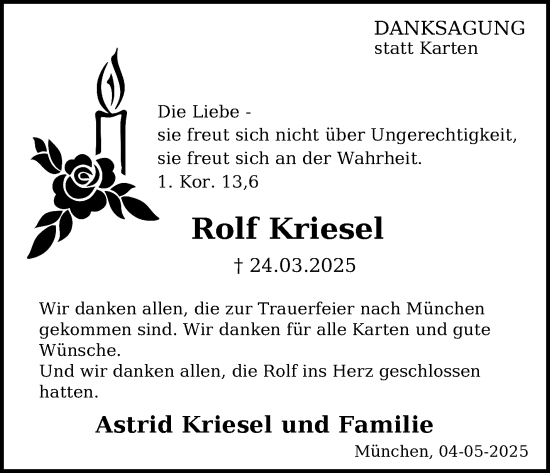 Traueranzeige von Rolf Kriesel von Frankenpost