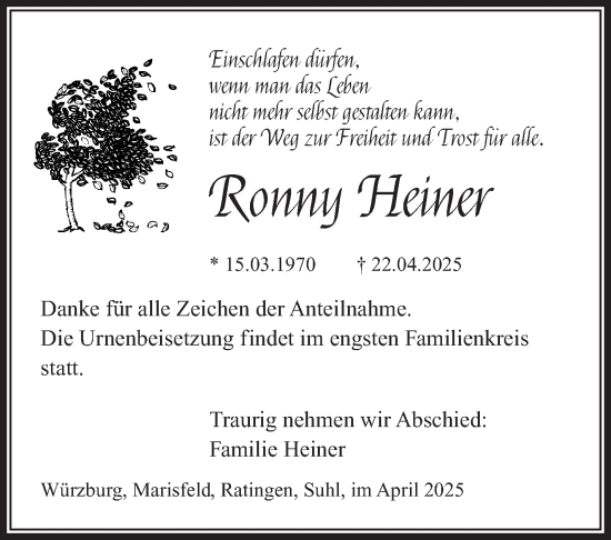Traueranzeige von Ronny Heiner von Südthüringer Presse
