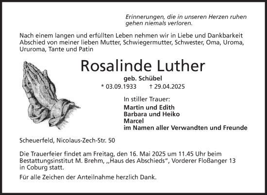 Traueranzeige von Rosalinde Luther von Neue Presse Coburg