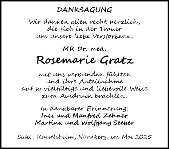 Traueranzeige von Rosemarie Gratz von Südthüringer Presse