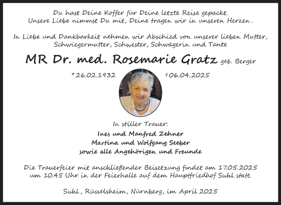 Traueranzeige von Rosemarie Gratz von Südthüringer Presse