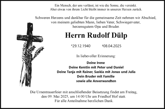 Traueranzeige von Rudolf Dülp von Frankenpost