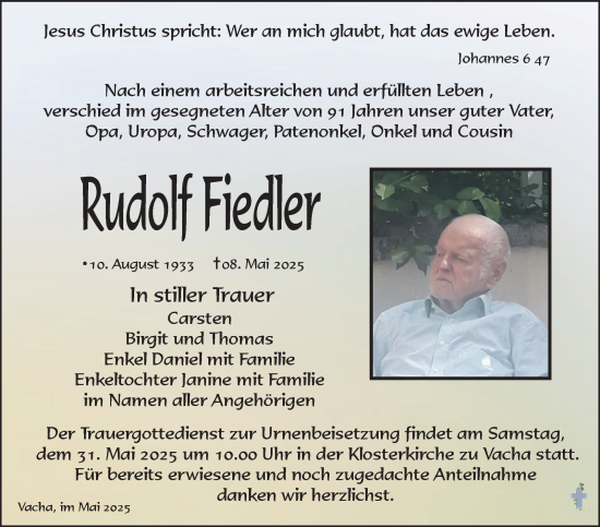 Traueranzeige von Rudolf Fiedler von Südthüringer Presse