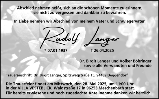 Traueranzeige von Rudolf Langer von Neue Presse Coburg