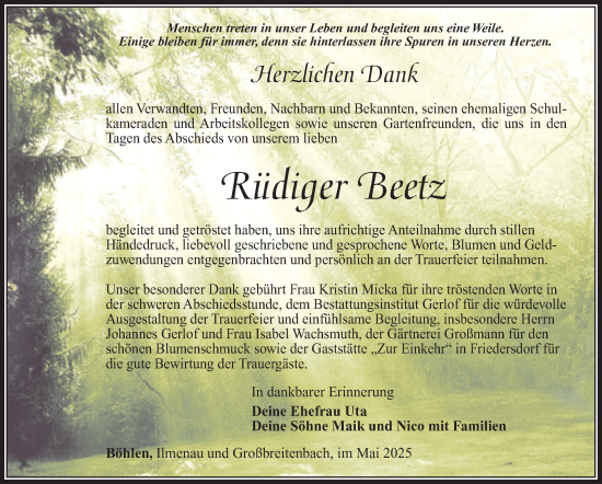 Traueranzeige von Rüdiger Beetz von Südthüringer Presse