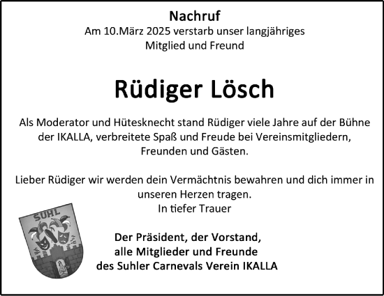 Traueranzeige von Rüdiger Lösch von Südthüringer Presse