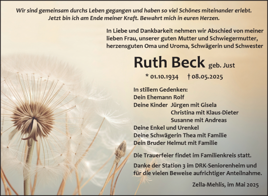 Traueranzeige von Ruth Beck von Südthüringer Presse