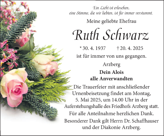 Traueranzeige von Ruth Schwarz von Frankenpost