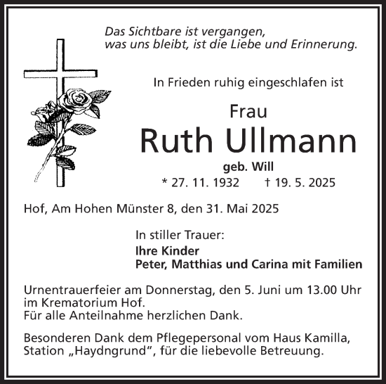 Traueranzeige von Ruth Ullmann von Frankenpost
