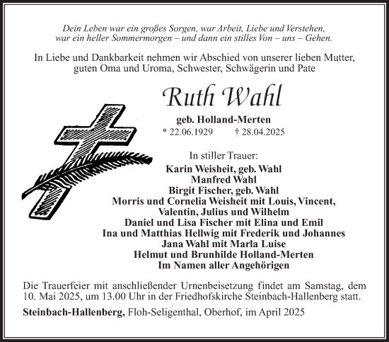 Traueranzeige von Ruth Wahl von Südthüringer Presse