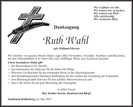 Traueranzeige von Ruth Wahl von Südthüringer Presse