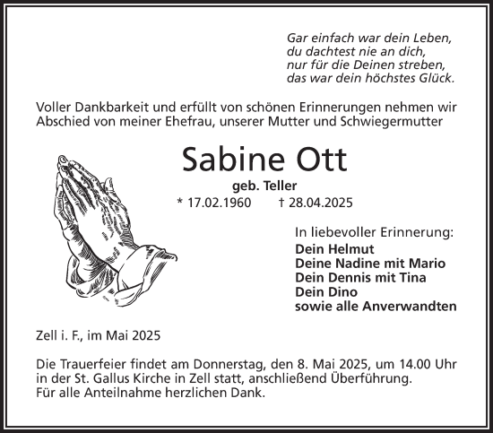 Traueranzeige von Sabine Ott von Frankenpost