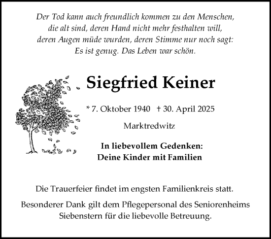 Traueranzeige von Siegfried Keiner von Frankenpost