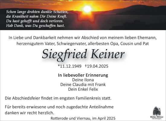 Traueranzeige von Siegfried Keiner von Südthüringer Presse