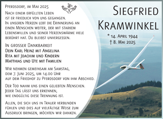 Traueranzeige von Siegfried Kramwinkel von Südthüringer Presse
