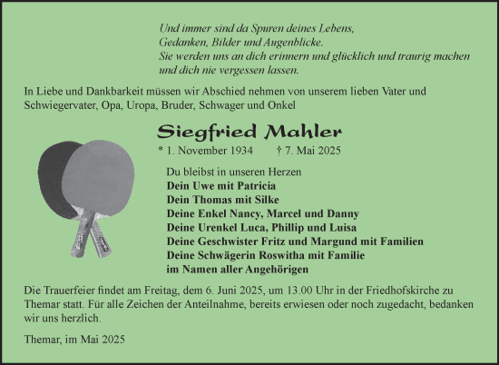Traueranzeige von Siegfried Mahler von Südthüringer Presse