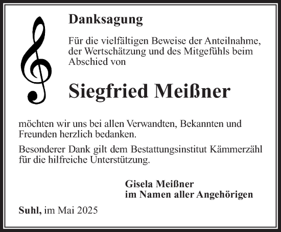 Traueranzeige von Siegfried Meißner von Südthüringer Presse