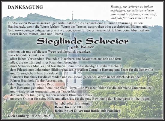 Traueranzeige von Sieglinde Schreier von Südthüringer Presse