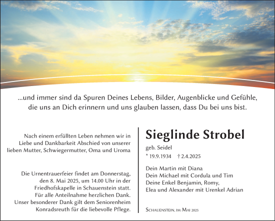 Traueranzeige von Sieglinde Strobel von Frankenpost