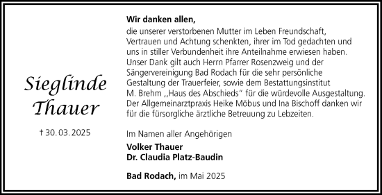 Traueranzeige von Sieglinde Thauer von Neue Presse Coburg