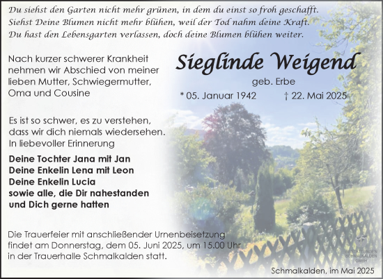 Traueranzeige von Sieglinde Weigend von Südthüringer Presse