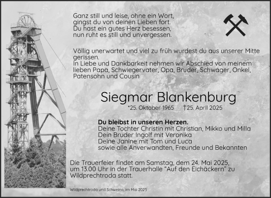 Traueranzeige von Siegmar Blankenburg von Südthüringer Presse
