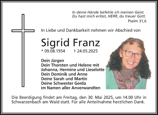 Traueranzeige von Sigrid Franz von Frankenpost