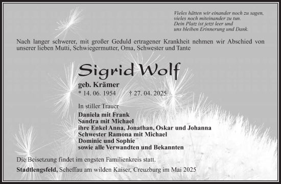 Traueranzeige von Sigrid Wolf von Südthüringer Presse