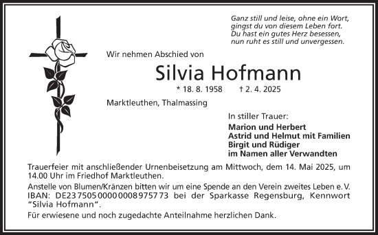 Traueranzeige von Silvia Hofmann von Frankenpost