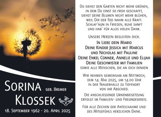 Traueranzeige von Sorina Klossek von Südthüringer Presse