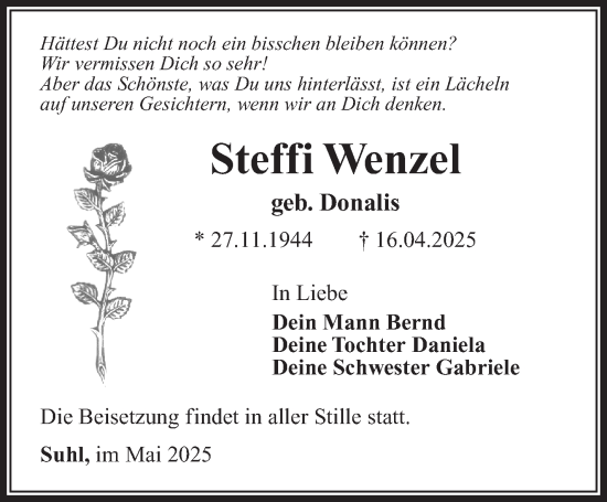 Traueranzeige von Steffi Wenzel von Südthüringer Presse