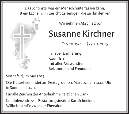 Traueranzeige von Susanne Kirchner von Neue Presse Coburg