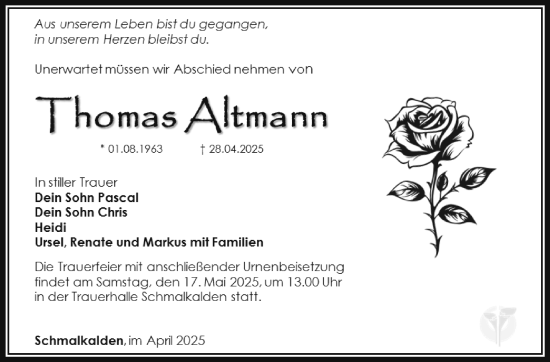 Traueranzeige von Thomas Altmann von Südthüringer Presse