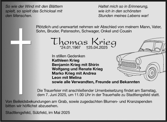 Traueranzeige von Thomas Krieg von Südthüringer Presse