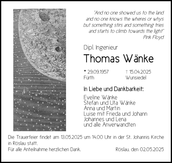 Traueranzeige von Thomas Wänke von Frankenpost