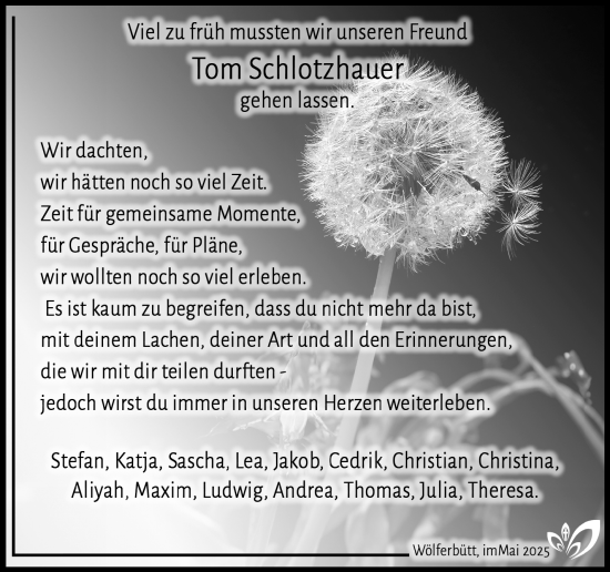 Traueranzeige von Tom Schlotzhauer von Südthüringer Presse