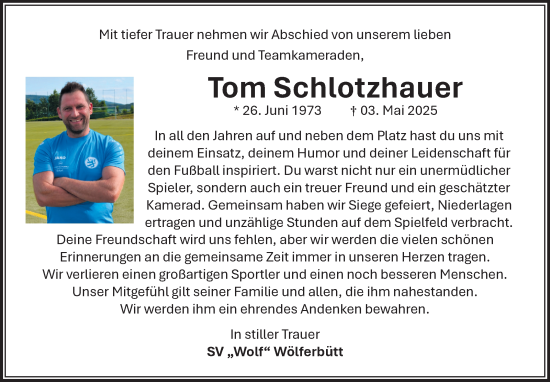 Traueranzeige von Tom Schlotzhauer von Südthüringer Presse
