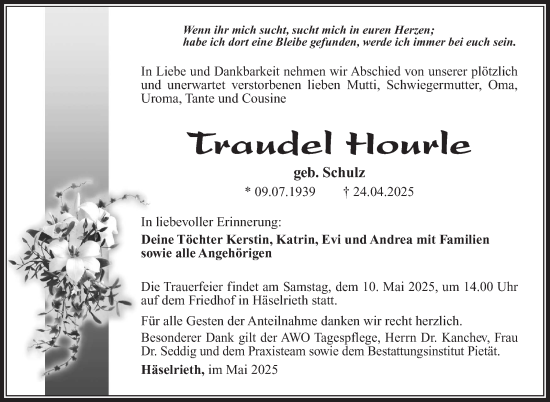 Traueranzeige von Traudel Hourle von Südthüringer Presse