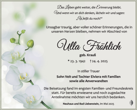 Traueranzeige von Ulla Fröhlich von Südthüringer Presse