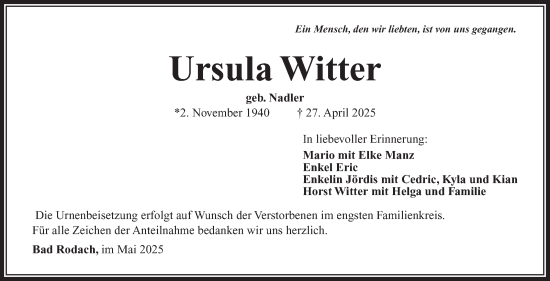 Traueranzeige von Ursula Witter von Südthüringer Presse