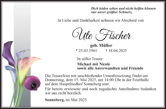 Traueranzeige von Ute Fischer von Südthüringer Presse