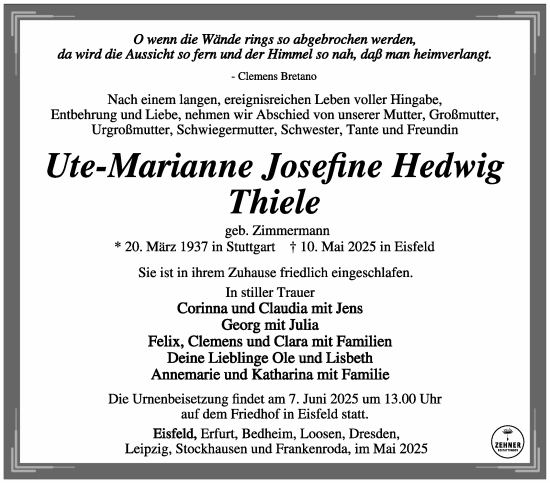 Traueranzeige von Ute-Marianne Josefine Hedwig Thiele von Südthüringer Presse