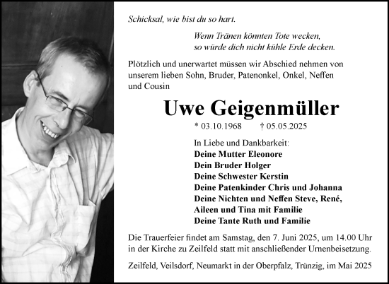 Traueranzeige von Uwe Geigenmüller von Südthüringer Presse